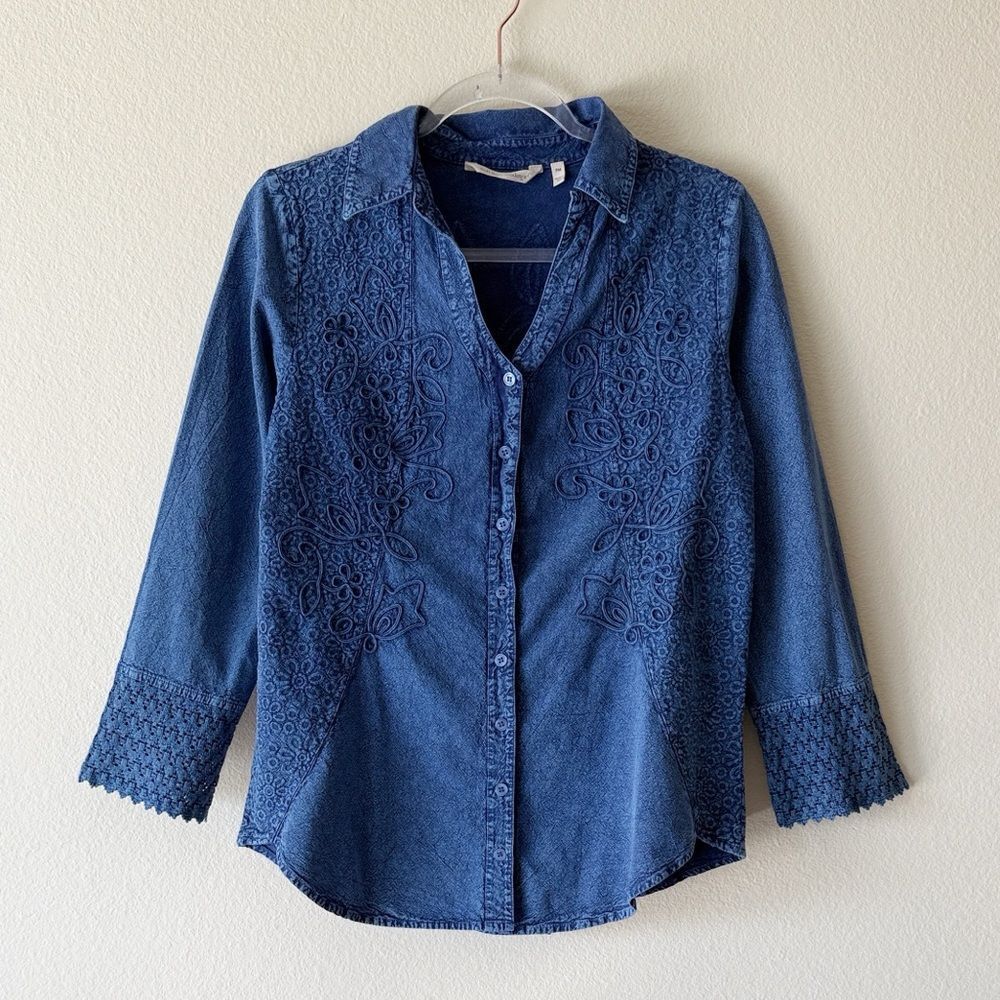 Soft Surroundings Blue Denim Embroidered Button Down Top Lace Cuffs